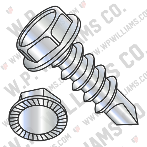A/F.305-.312 HD HGT.105-.120 Unslot Hexwash Serrated Self Drill Full Thrd ZincBa